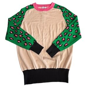 NWT OXKNIT XXL Green Leopard Print Cotton Sweater Retro 60s 70s Style Colorblock